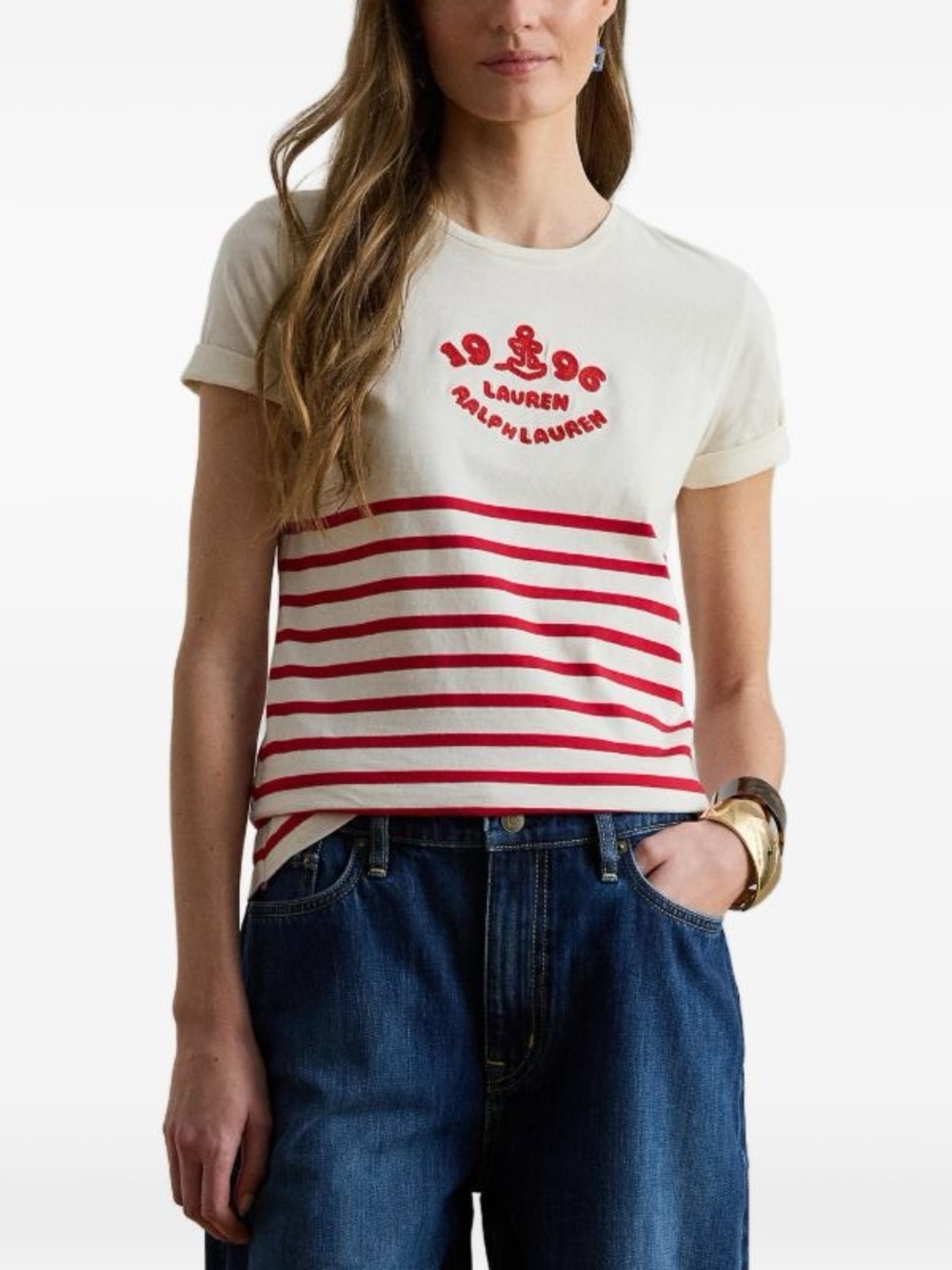 Ralph Lauren Cream Tee with Red Stripes and Logo